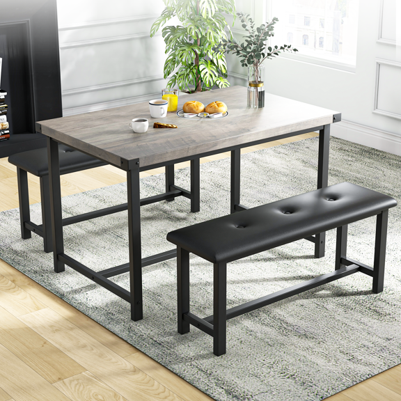 CazToi 44" Dining Table Set for 4 with 2 Upholstered Benches Metal Frame & Wood Top Kitchen & Dining Set
