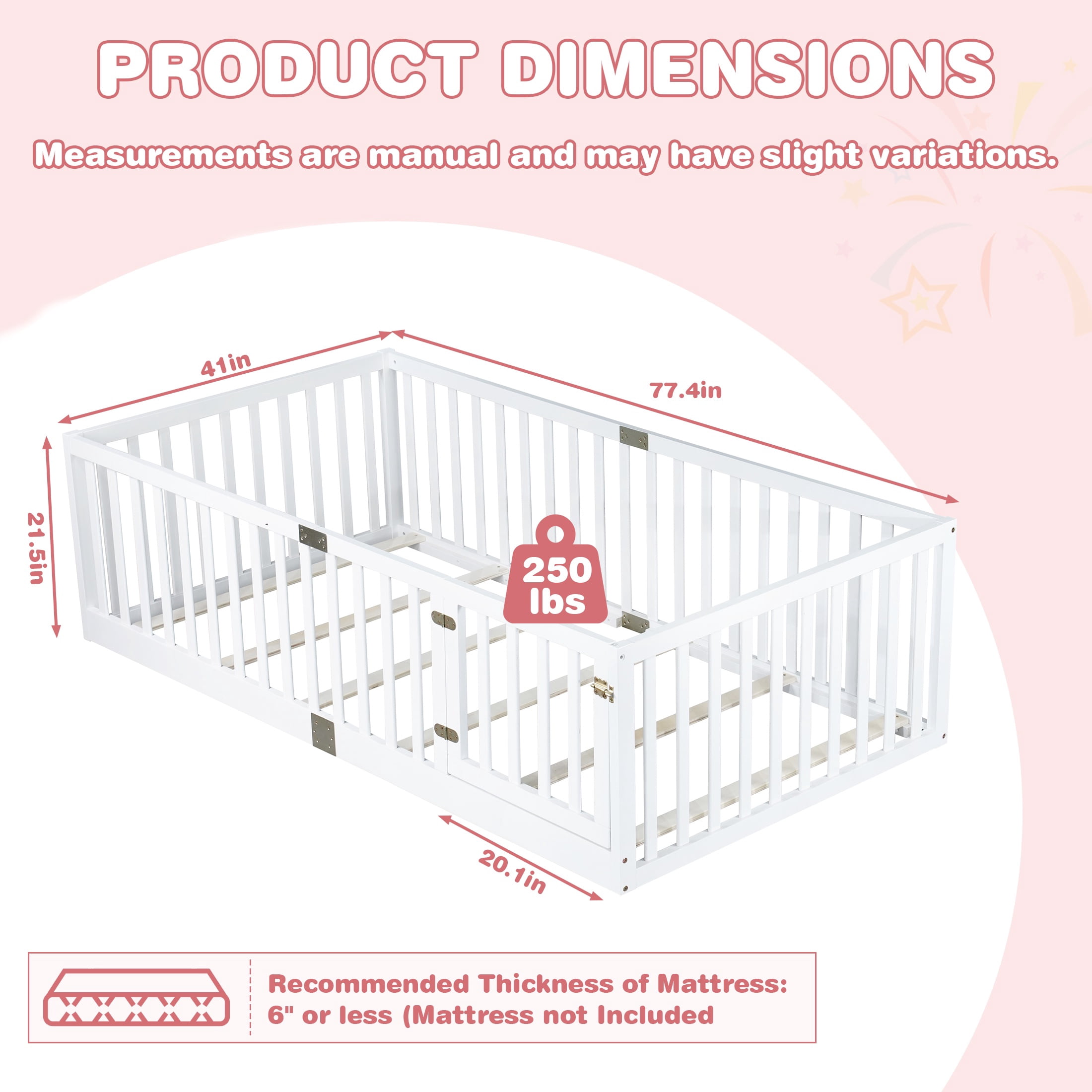 Sesslife Twin Size Floor Bed with High Fence & Door, Wood Twin Bed Frame with Salts and 21.5” Safety Guardrails, Twin Floor Bed for Boys Girls, No Box Spring Needed, White
