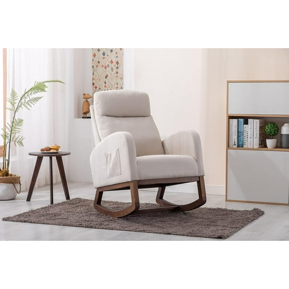 BISHE Modern Rocking Chair with Wood Legs and Side Pocket, Glider Recliner Armchair with High Back, Comfortable Accent Chair for Nursery, Living Room, Bedroom(Beige)