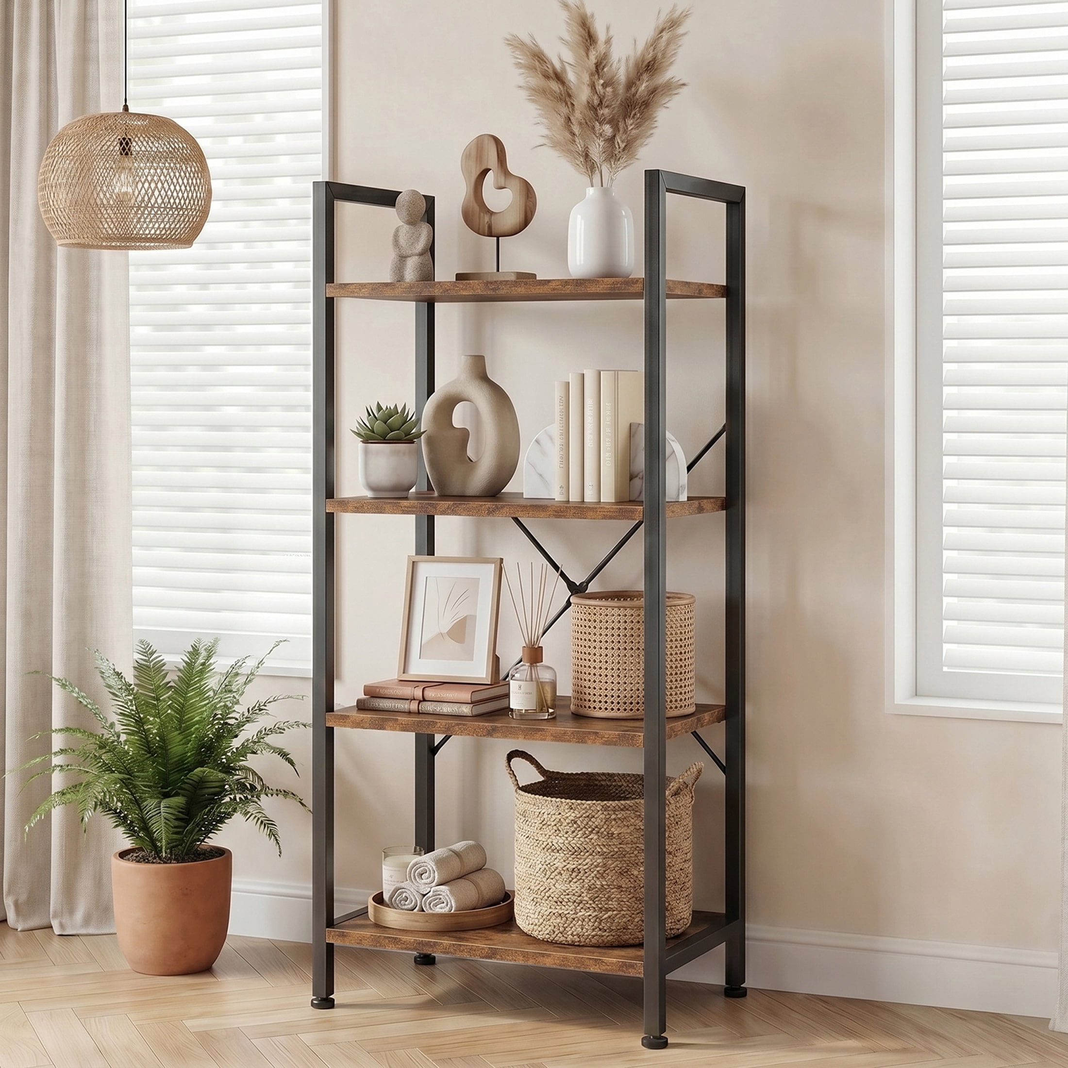 CONCETTA Bookshelf, 4-Tier Small Industrial Storage Shelf & Shelves, Metal Bookcase for Home Office, Living Room, Rust Brown