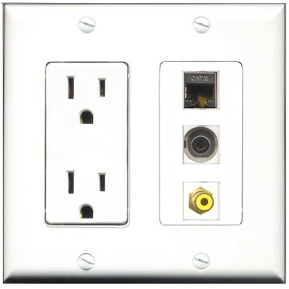RiteAV - 15 Amp Power Outlet 1 Port RCA Yellow 1 Port Shielded Cat6 Ethernet Ethernet 1 Port 3.5mm Decorative Wall Plate