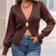 thumbnail image 4 of Cárdigan de Punto para Mujer, Larga, Cuello en V, Suéter de una Sola Hoja con Botones, Ropa de Abrigo Café L, 4 of 10