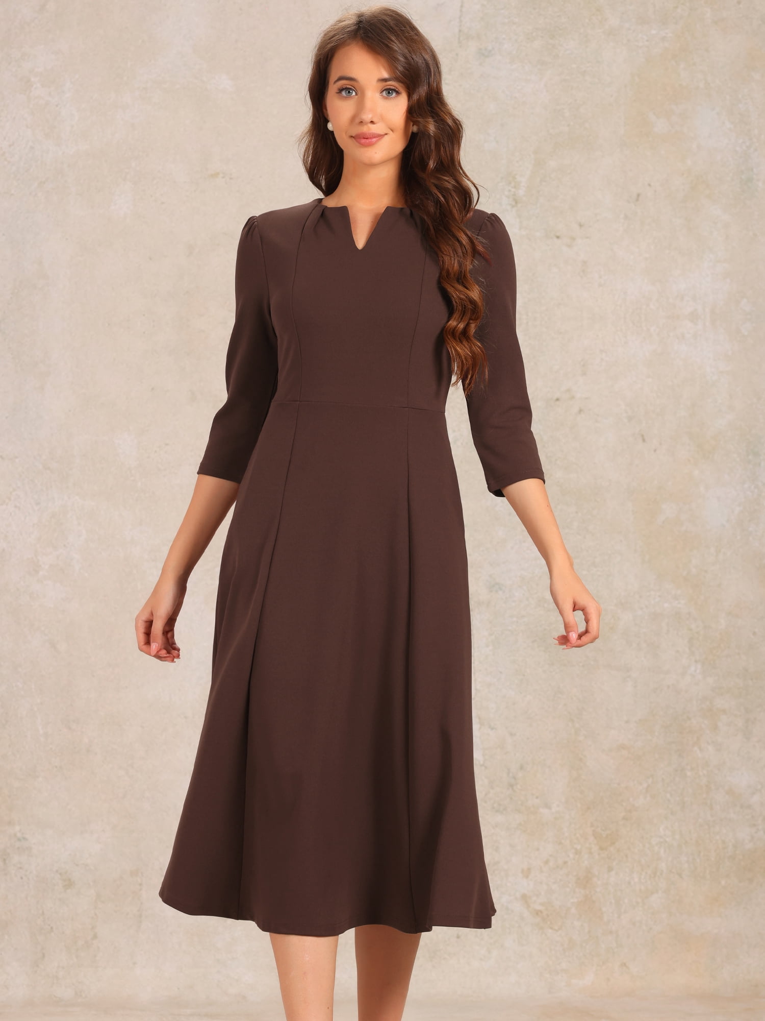 DARING DIVA Work Office Elegant 3/4 Sleeve V Neck A-Line Dress M Dark Brown