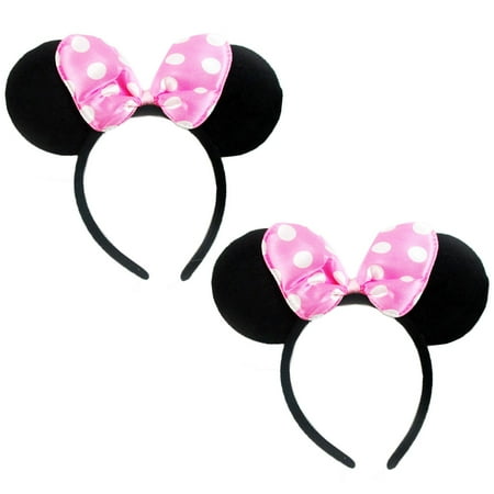 Polka Dot Nylon Headband - 2 Pc Minnie Mouse Ears Headbands Pink Polka Dot Bow Costume Party Favor New Gift