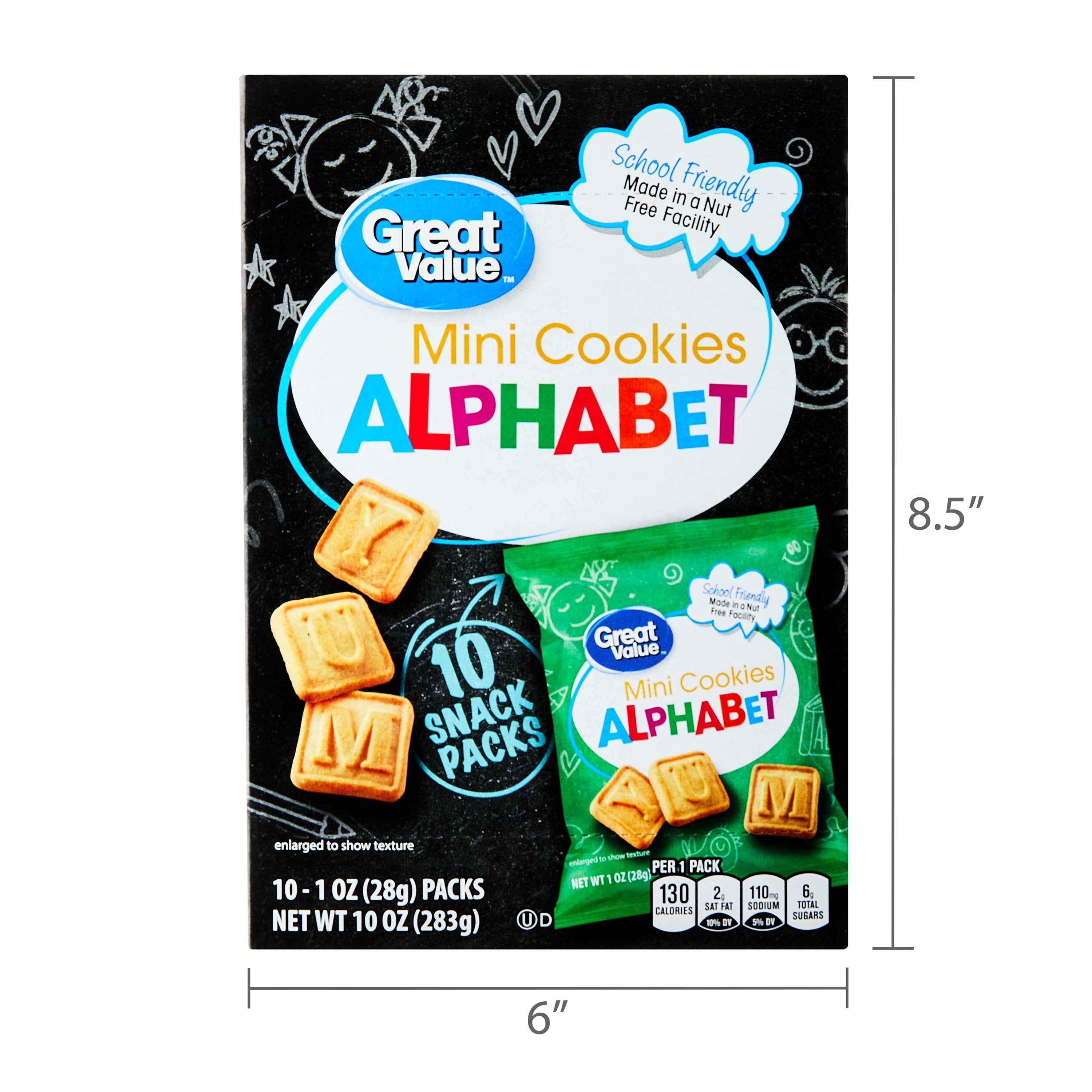 Great Value Mini Alphabet Cookies, 1 oz, 10 Snack Packs