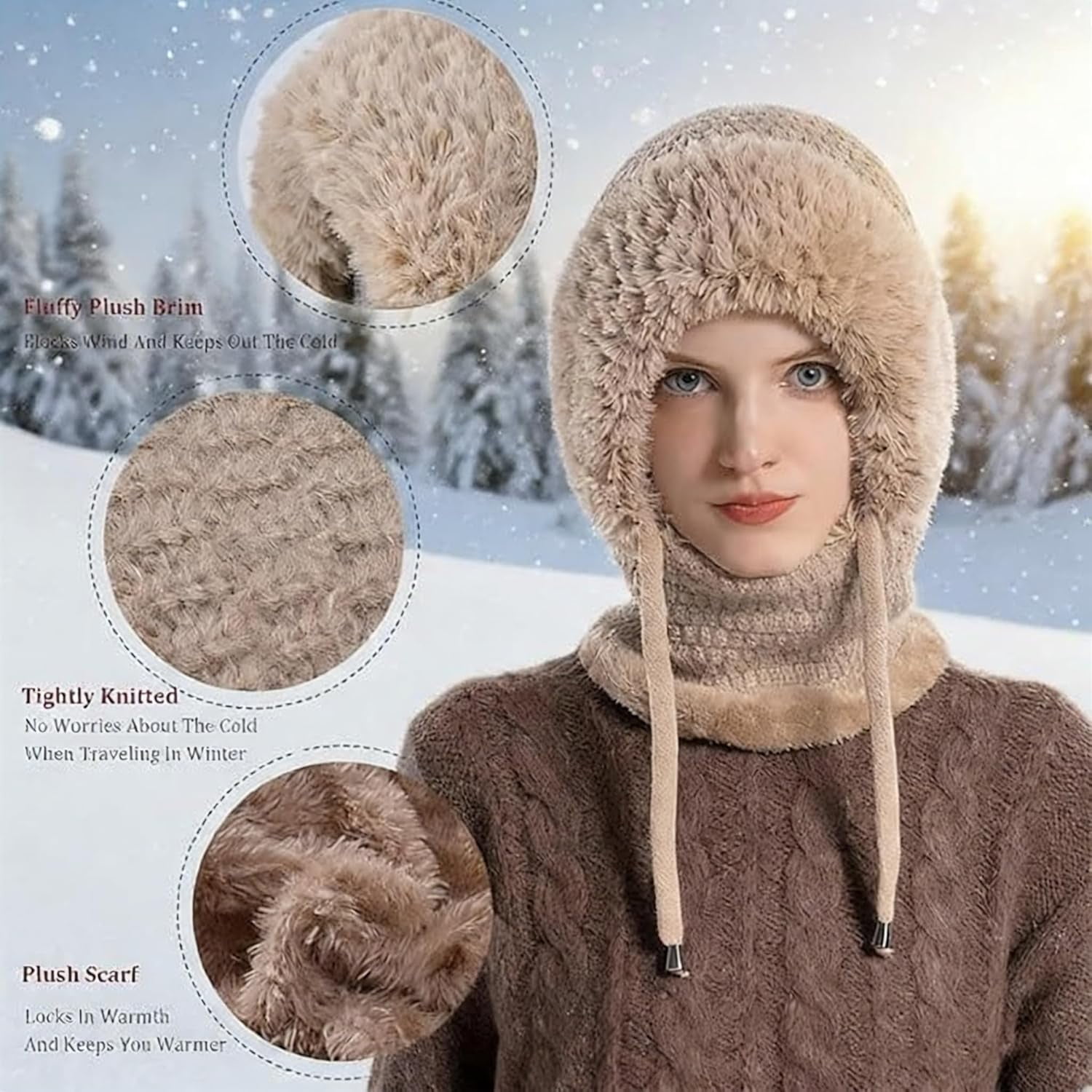 3 in 1 Beanie Hat with Scarf & Mask for Women, Windproof Balaclava for Outdoor Activities