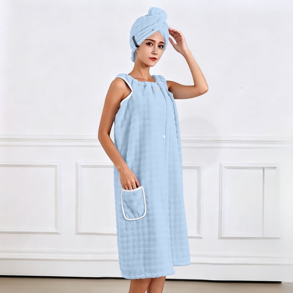 Mifsaly Womens Wearable Shower Wrap Towel Robe Knee Length Absorbent Spa Bathrobe with Straps Button Down Sleepwear Light Blue,Free Size