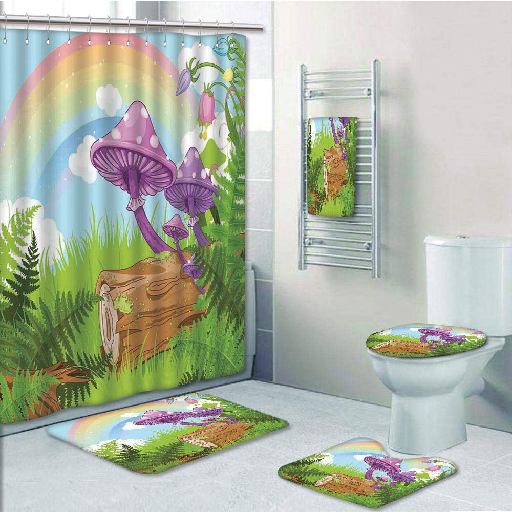 Marijuana Leaf Fantasy Shower Curtain Toilet Cover Rug Bath Mat Contour Rug Set 