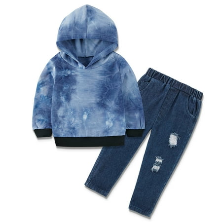 

Clearance 0-4T Kids Baby Boy Hooded Outfits Tie Dye Hoodie Sweatshirts + Ripped Denim Pants Set