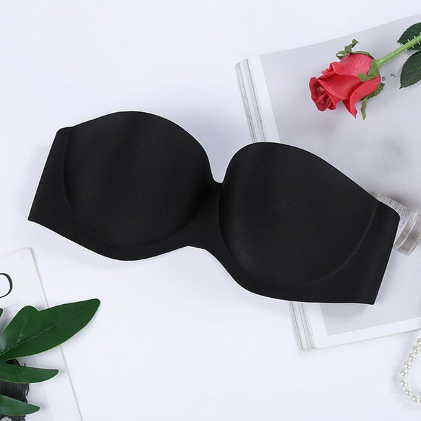 IROINID Discount Demi Cup Bra for Women Ladies Strapless Gathering  Invisible Bra Glossy Back Buckle Breast Seamless Bra Underwear,Black