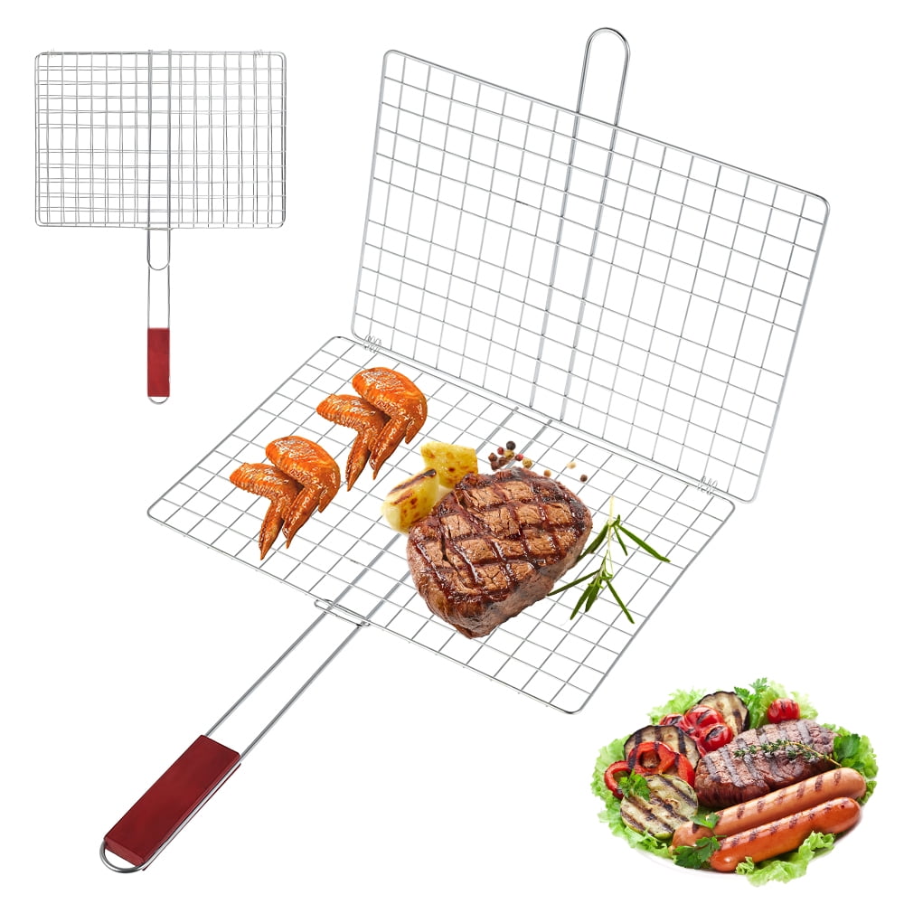 Barbecue Grilling Basket Grill BBQ Net Wooden Handle Steak Meat Fish Vegetable