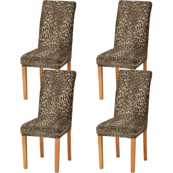 Vintage Leopard Print Chair Covers for Dining Room, Soft Stretch Seat Slipcover, Washable Removable Dining Chair Protector, Set of 4