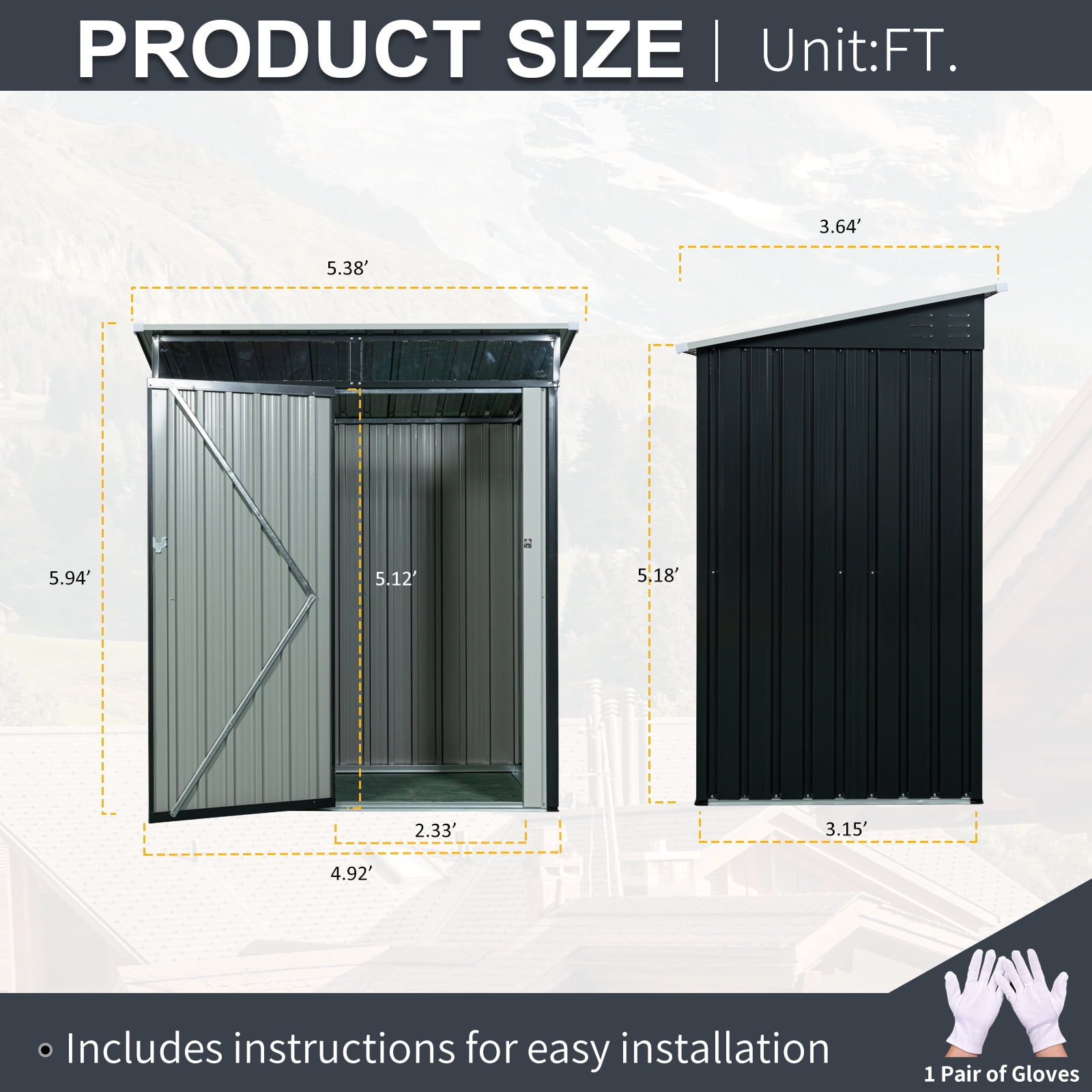 CarButler 5x3ft Metal Outdoor Storage Shed with Transparent plate and Lockable Door for Garden Backyard Patio Lawn Black