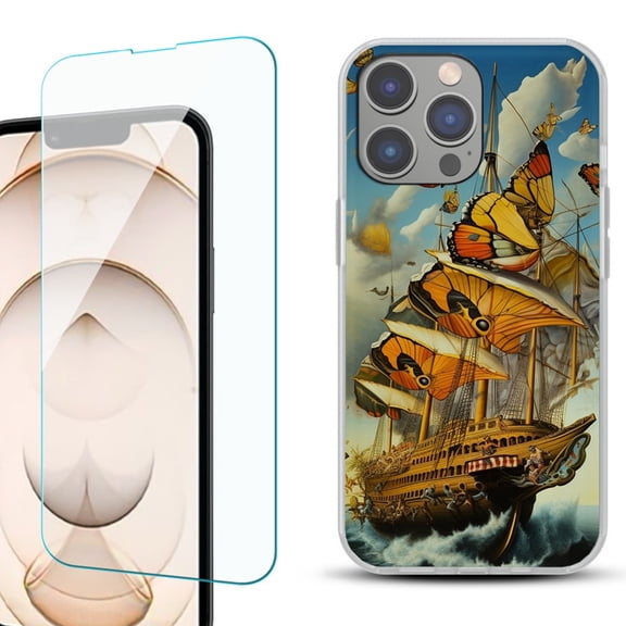 OneToughShield ® for iPhone 15 Pro Shockproof Phone Case, with Tempered Glass Screen Protector - Butterfly Ship