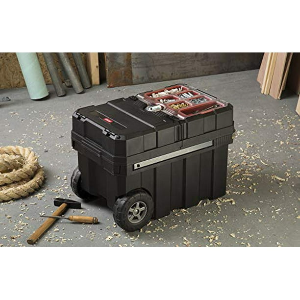 Keter masterloader resin rolling tool box with locking sale system and removable bins