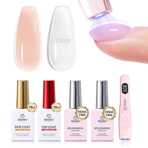 Beetles Builder Gel Nail Kit, HEMA-Free Clear & Nude 7.5ml Building Gel with Base Coat, Top Coat and Mini UV LED Nail Lamp