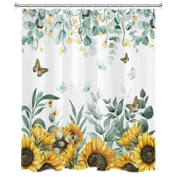 Sunflower Floral Shower Curtain Yellow Flowers Green Watercolor Eucalyptus Leaves Butterfly Bathroom Shower Curtain Spring Nature Plant Art Shower Curtain Home Decor with 10 Hooks 60x72 Inches