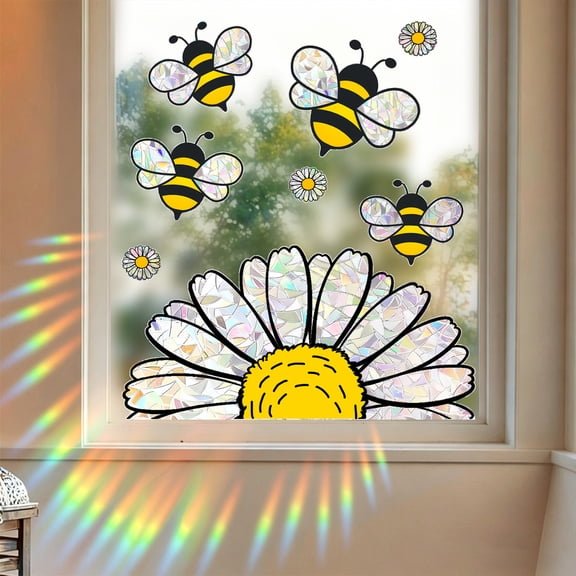 Honeybee Window Cling Sticker 12x11.5 Inches, Prismatic Rainbow Decal for Glass Door Wall, Nature-Inspired Home Decor Peel and Stick