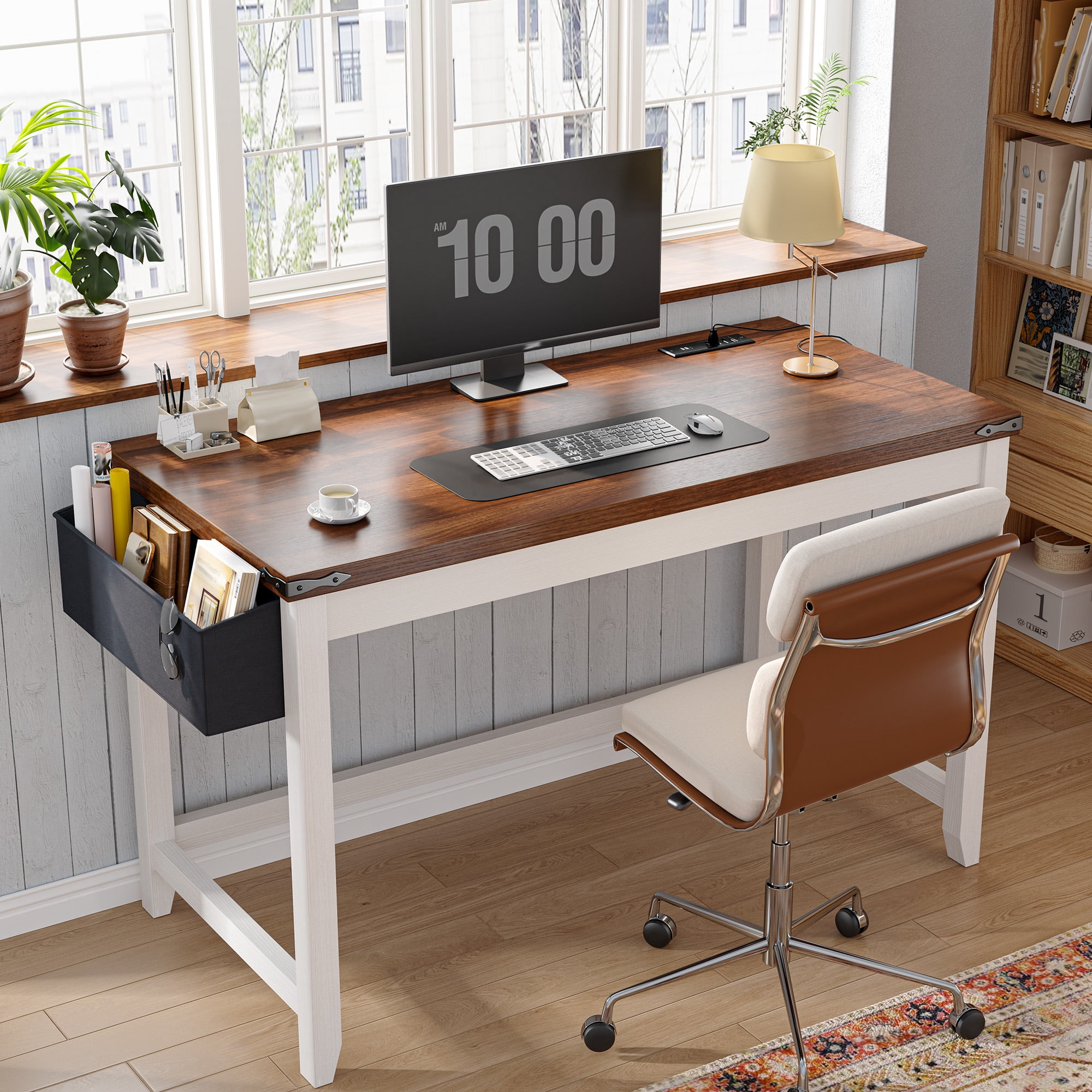 Enhomee Desk Small Desk with Power Outlet 40.1“W Computer Desk with Storage Bag, Brown & White