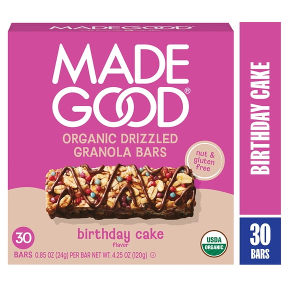 MadeGood Chocolate Drizzle Birthday Cake Granola Bars, 30 Healthy Snack Bars, 0.78 oz
