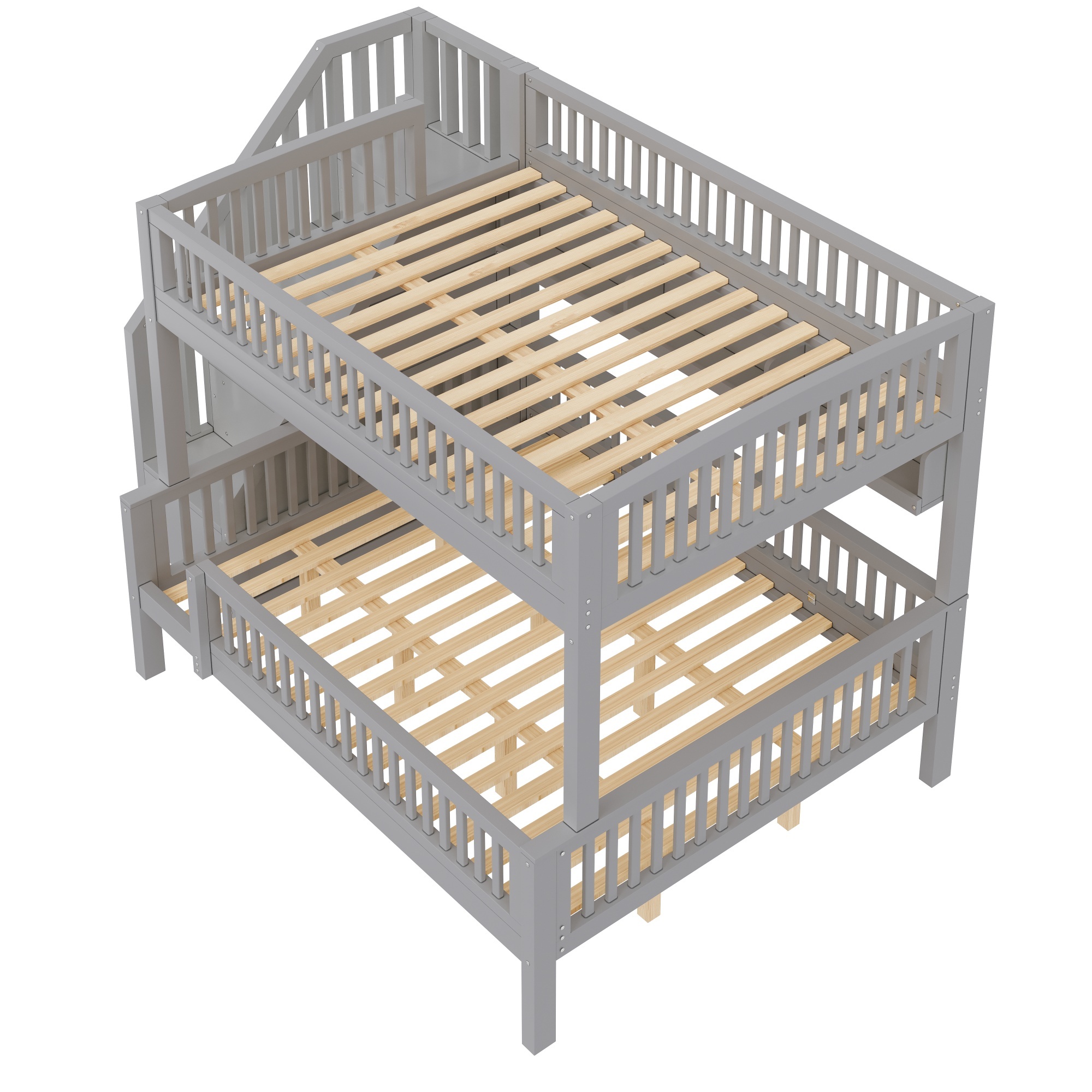Euroco Wood Full XL over Queen Size Bunk Bed with Storage Staircase, LED Light Shelves and Guardrails, Grey