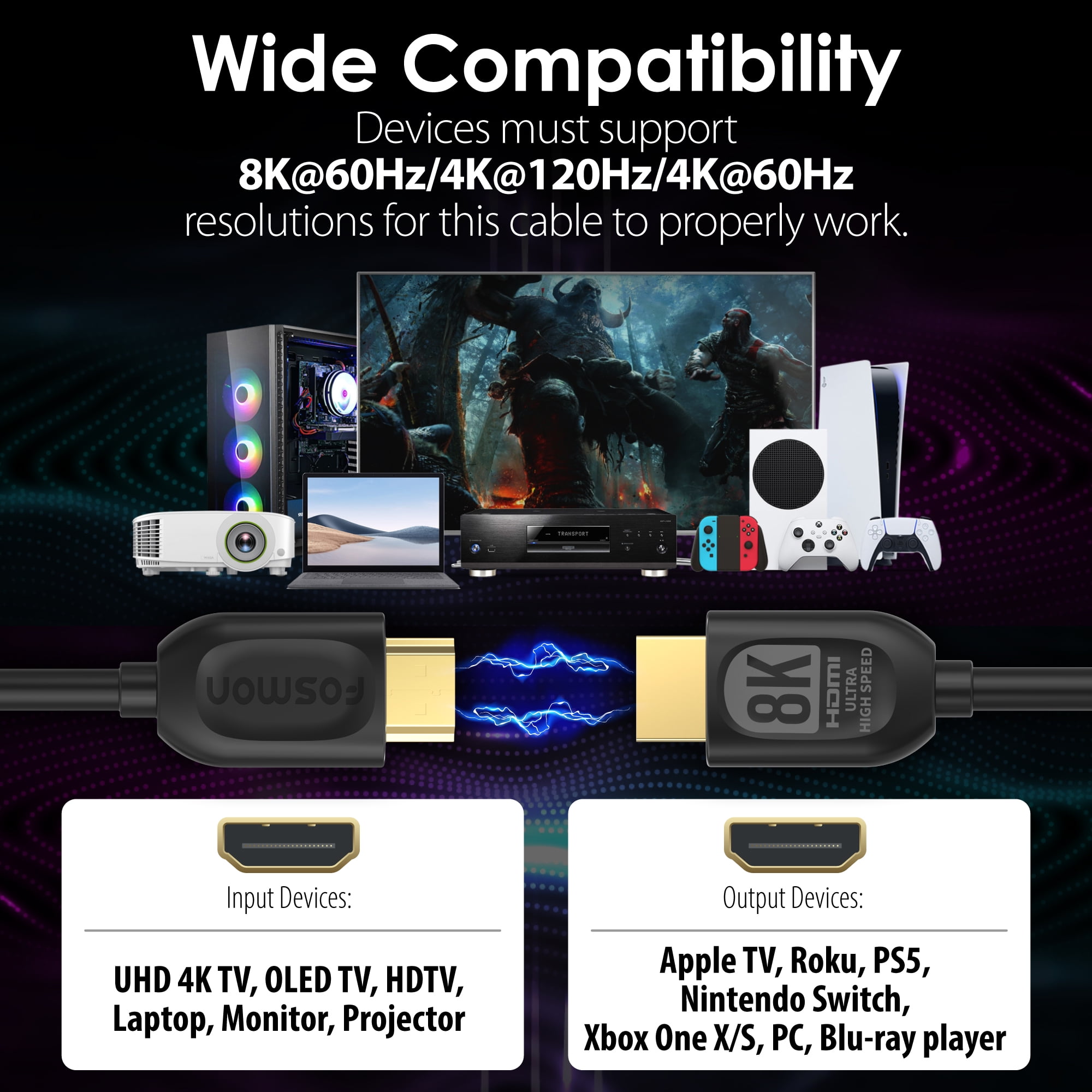 Fosmon 8K HDMI Cable 25ft HDMI Cord, 30AWG HDMI to HDMI Cable, HDMI 2.1 Cable 4K@120Hz|8K@60Hz Ultra High Speed HDMI Cable ARC for Nintendo Switch PS5