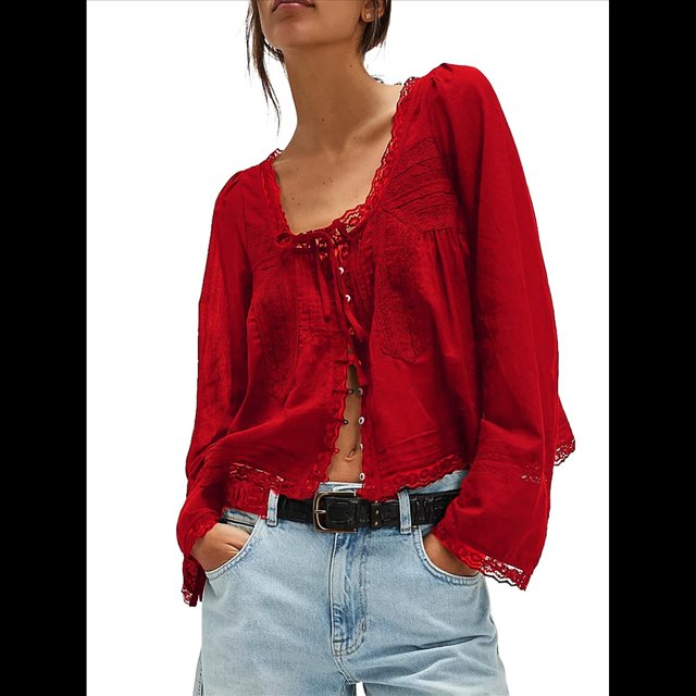 Blusa Holgada de Larga con Lazo Frontal para Mujer, con Ribete de Encaje y Botones, Cuello Cuadrado, Ropa para Salir, Estilo Y2K. Vino Tinto M