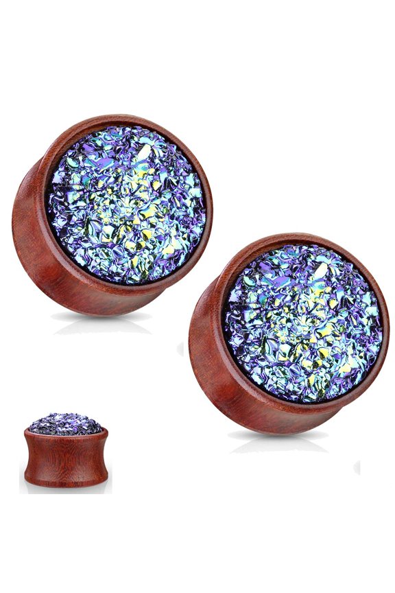 00G(10mm) One Pair Natural Wood Druzy Stone Jeweled Double Flared Ear Tunnel Expander Stretching Plug