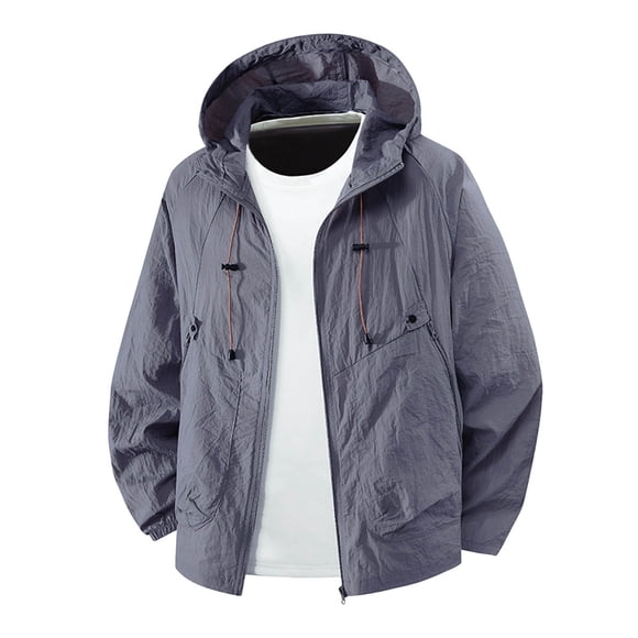 FYEGRE Men's Lightweight Hooded Windbreaker Jacket for Spring Summer Outdoor Hiking and Daily Comfort Wear with Thin Fabric Design Grey XXXL