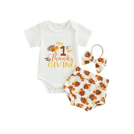 

Sunisery 3Pcs Infant Baby Girls my 1st Thanksgiving Day Clothes Sets Turkey Print Short Sleeve Romper + Shorts + Headband