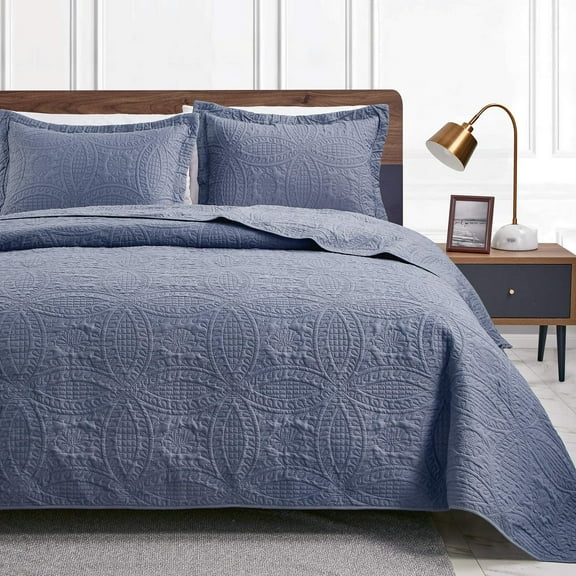 All Season Queen Size Quilt Set, Modern Coin Pattern Embossed Design, 3 Piece Soft Bedspread with Pillow Shams, Lightweight Summer Bedding for Home Decor, Durable Polyester Material, Blue