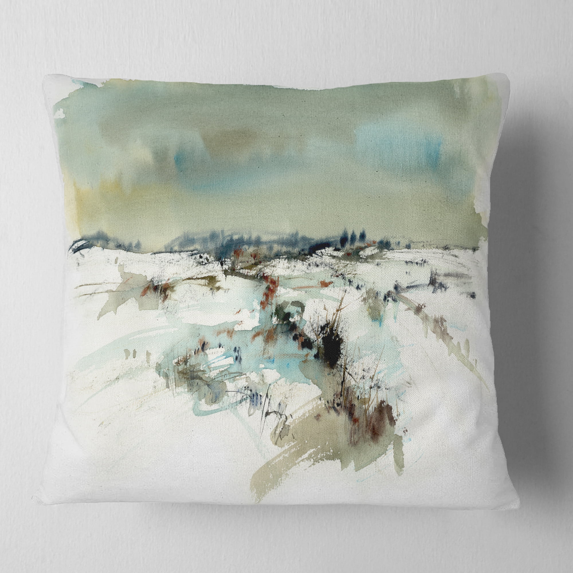 Designart Snowy Landscape Watercolor - Landscape Painting Throw Pillow - 16x16