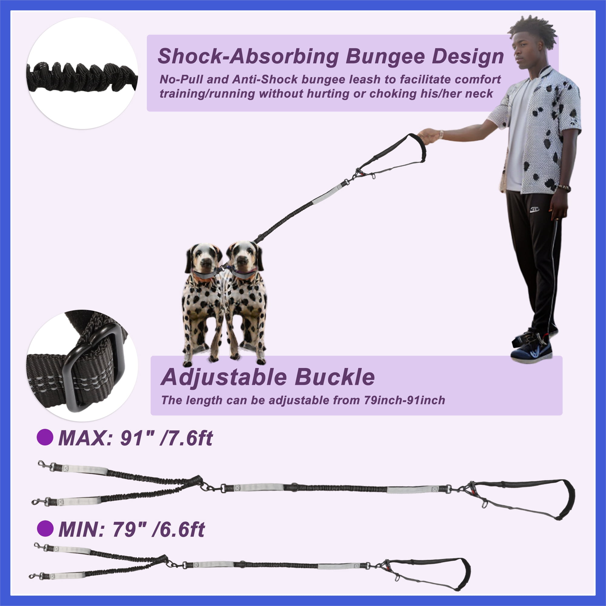 Vocoste Hands Free Dog Leash No Pull Bungee for Two Large Dog Up 330 Ib 6.6-7.6FT Black Gray