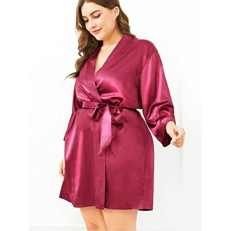 

GORHGORH Plus Size Imitation Silk Bow Tie Sleepwear Bandgown Nightgown Robe