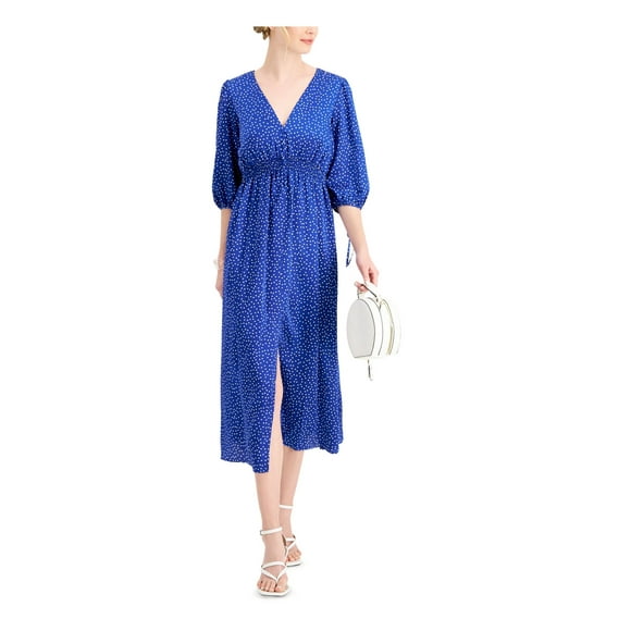 TAYLOR Womens Blue Smocked Zippered Tie Slitted Polka Dot Blouson Sleeve V Neck Midi Party Sheath Dress 6