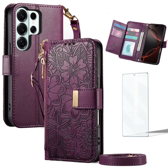 Dteck Crossbody Wallet Case for Samsung Galaxy S26 Ultra with Screen Protector, Soft Embossing PU Leather Magnetic Closure Strap Zipper Pocket Card Slots Phone Cover,Purple