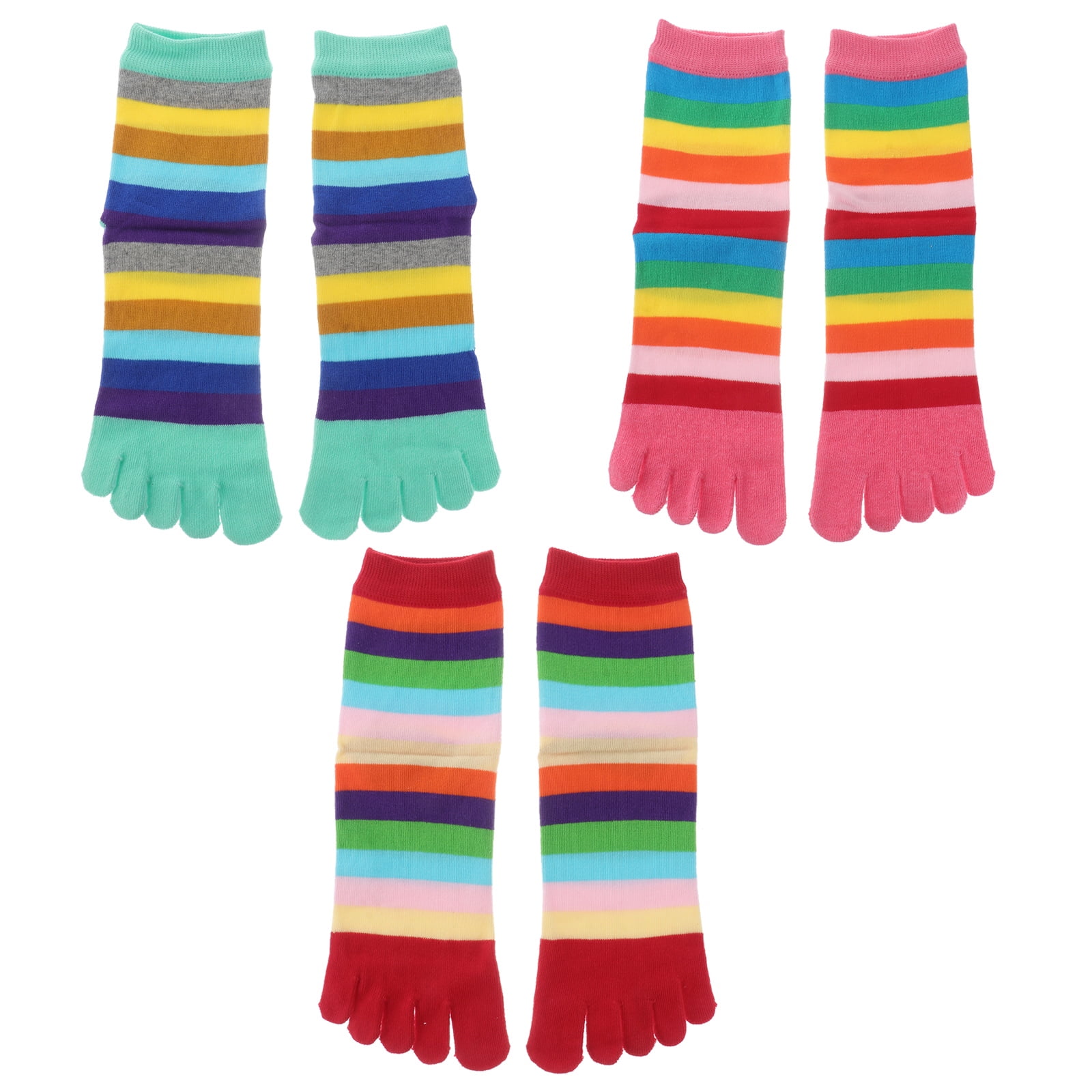 Frcolor 3 Pairs Colorful Strip Cotton Fivetoe Socks Sweat Absorbing Breathable Tube Toe Socks