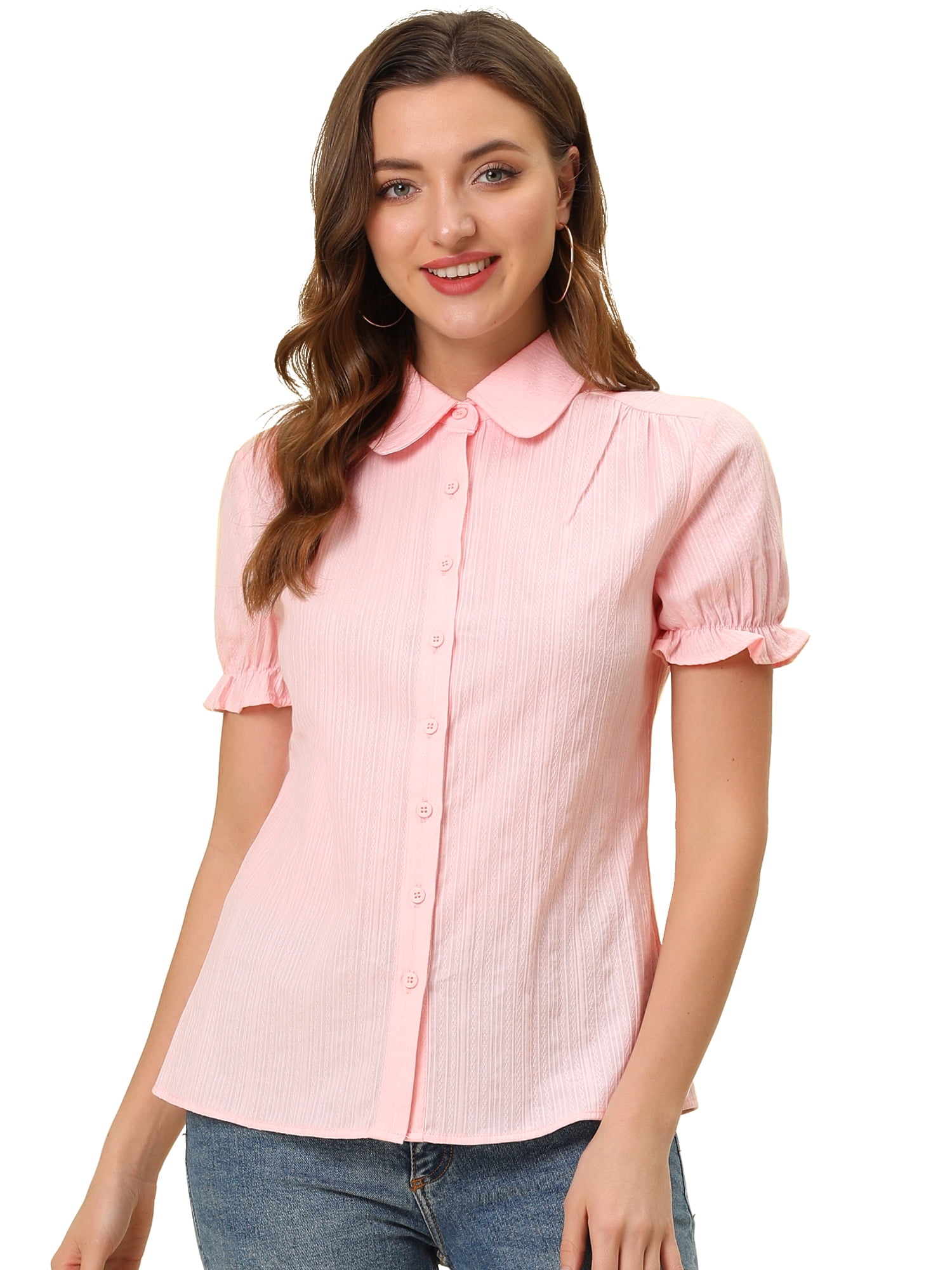DARING DIVA Women's Cotton Frilled Peter Pan Collar Blouse M Light Pink