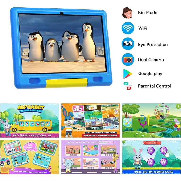 AWOW Tablet Kinder de 10.1 Pulgadas, 2GB RAM 32GB ROM, Tablet Funtab con KIDOZ App y Google Play preinstalados, Android 10 para niños Que Incluye lápiz táctil y Funda Protectora Azul para