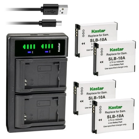 Kastar 4-Pack SLB-10A Battery and LTD2 USB Charger Replacement for Toshiba PX1752E-1C4G PX1762E-1C4G Camileo S30 Camileo X150 Camileo X155 Camera