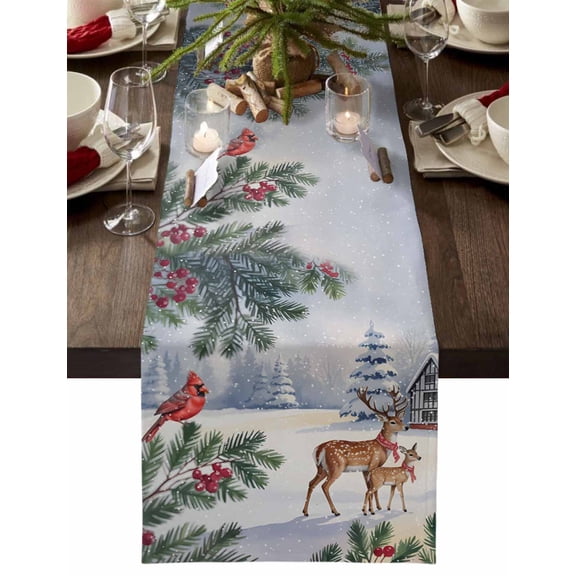 Christmas Snowfields Winter Elk Cardinal Xmas Tree Branch Dresser Scarf Farmhouse, Dining Table Decorations for Wedding/Parties, Table Runner 36 Inches Long for Kitchen Dining, 13 x 36 In