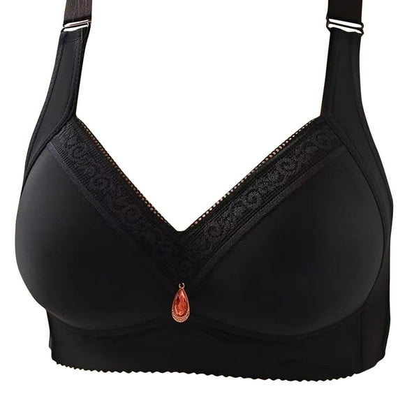 Virmaxy Womens Wireless Bra Oversized Gathered Comfortable Breathable Underwear (Plus Extended Buckle) Everyday Bra Embroidered Glossy Comfortable Breathable Bra Underwear No Rims Black-2 42