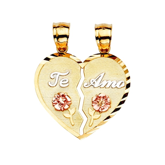 14k Yellow Gold White Gold and Rose Gold Te-amo Pendant Necklace 25x30mm Pendant for Women