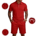 thumbnail image 2 of Men'S Breathable Collared Polo Shirt Short Sleeve And Elastic Waist Drawstring Shorts Set Casual Athletic Tracksuits For Summer Outdoor,Red,XL, 2 of 7