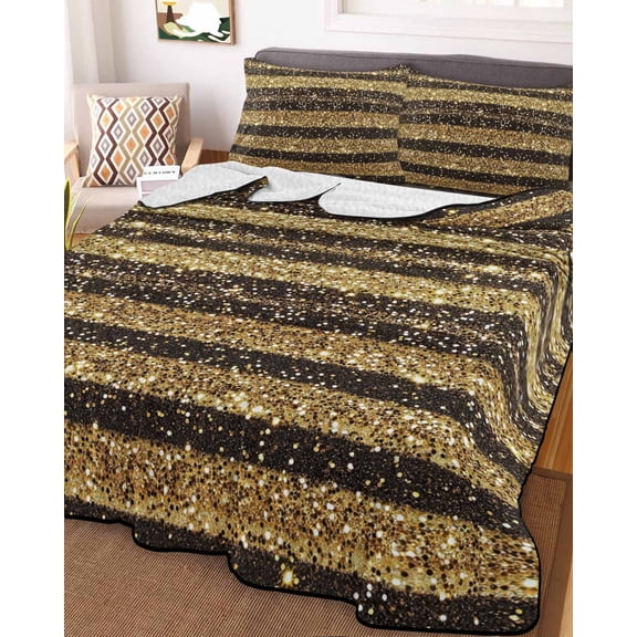 Black Golden Striped Queen Size Down Alternative Comforter, Lightweight Comforter Quilt Bedding Set with Pillow Shams Luxury Farmhouse Stripes All Seasons Bed Comforter Duvet Insert 90"x96"