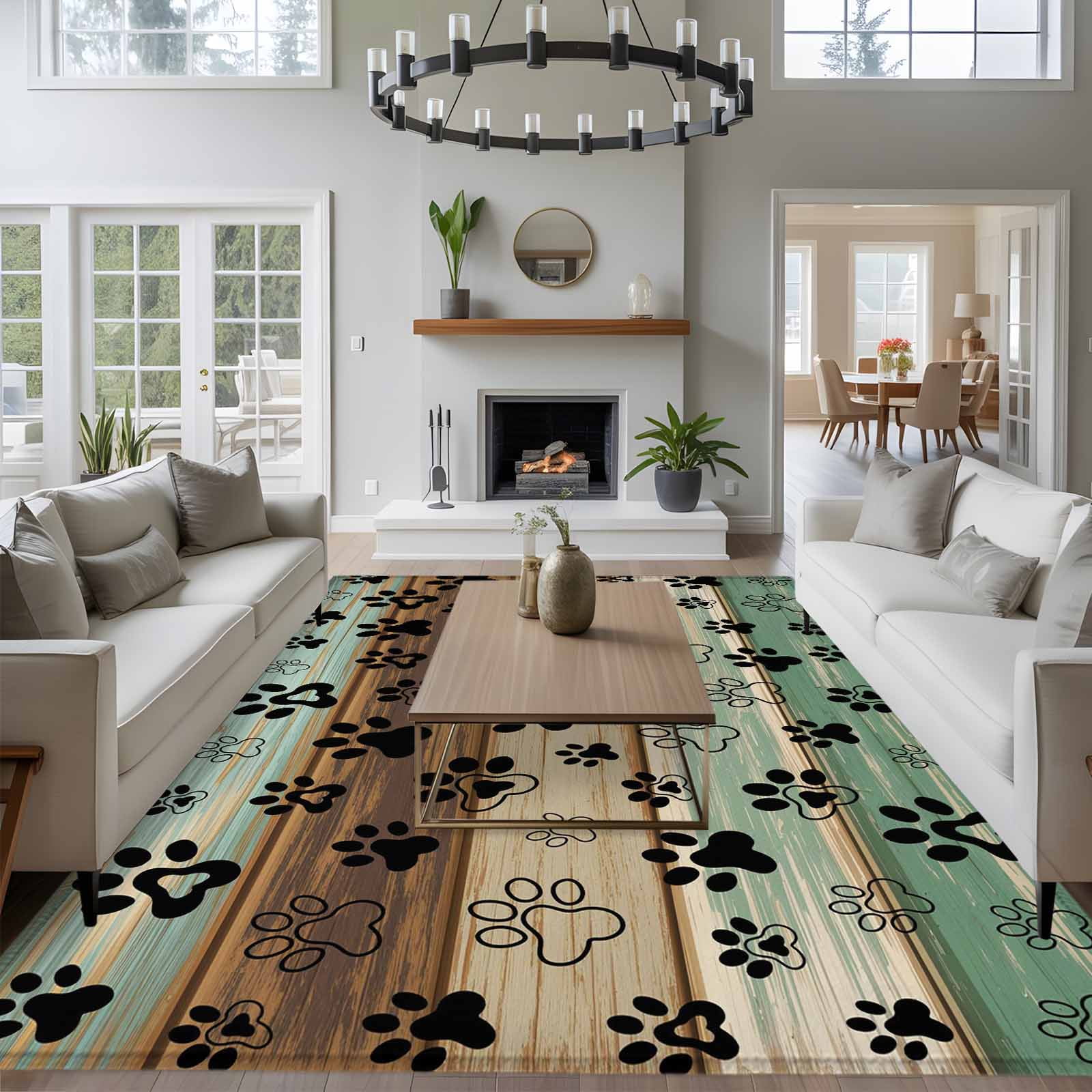 Area Rug for Living Room, Teal Brown Non-Slip Indoor Large Carpet for Bedroom/Dining Room, Pet Paw Printed Farmhouse Dog Claws Wood Grain Washable Low-Profile Rectangle Floor Runner Rugs - 5 x 8 Ft