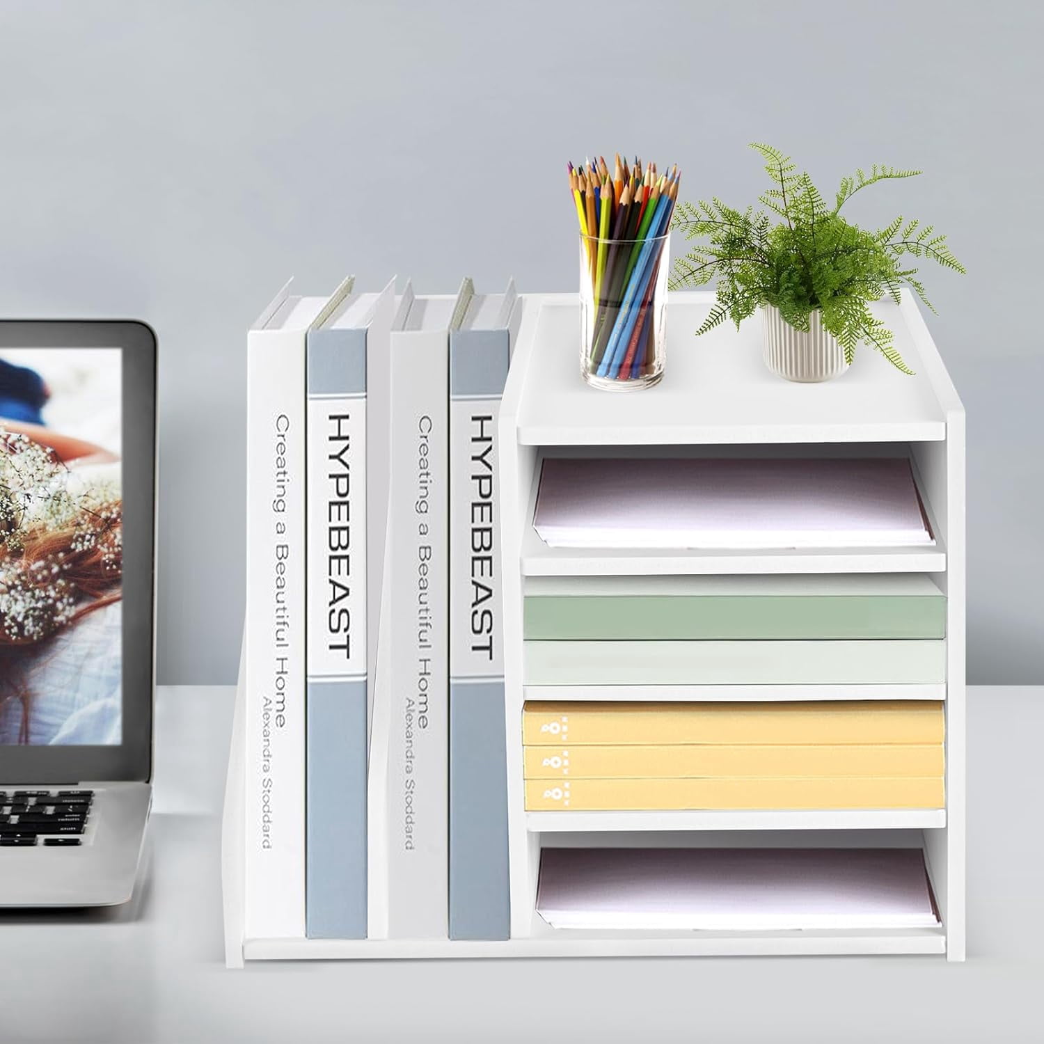 4-Tier File Organizer for Desk - Desktop Paper Storage Letter Tray with 2 Upright Sections, Home Office School File Sorter, 15.35 x 12.16 x 11.81in