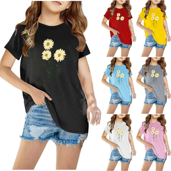 Fengyings Toddler Kids Boys Girls Summer Short Sleeve T Shirts Crewneck Loose Fit Tops Summer Cute Printed Casual Blouses