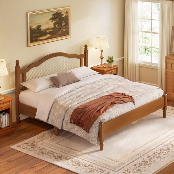 King Size Wooden Platform Bed with Natural Rattan Headboard, Vintage Bed Frame with Wooden Slat Support for Bedroom, Walnut