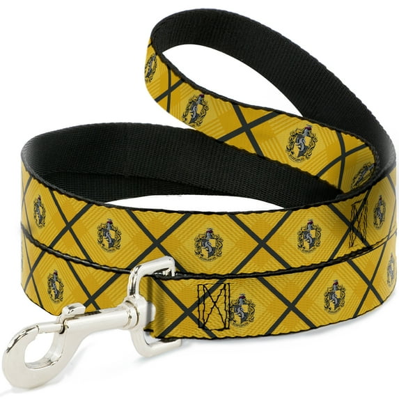 The Wizarding World of Harry Potter Pet Leash, Dog Leash, Harry Potter Hufflepuff Crest Plaid Yellows Gray, 4 Feet Long 1.5 Inch Wide